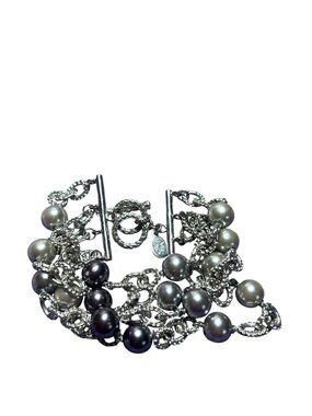 4 Strand Silvertone Chain Bracelet Glass Faux Pearls Grey Blue Toggle Clasp